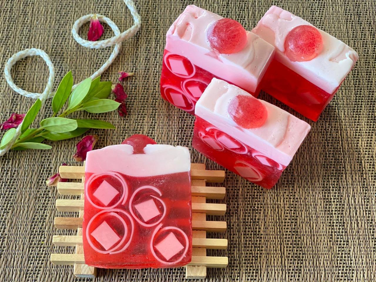 Handcrafted Natural Soap, Lovespell And Plumeria With Cherry Topping Soap, Artisan Soap